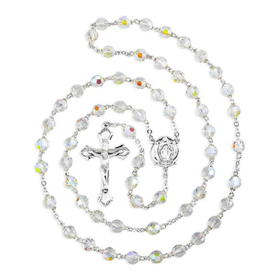 Miraculous Aurora Czech Crystal Bead Rosary. Sterling silver center & crucifix and plated wire and chain (view 2)
