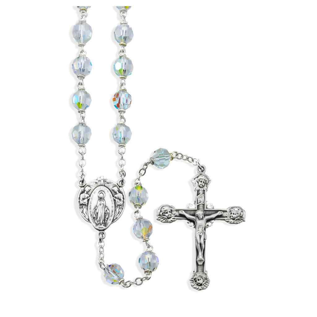 7mm Crystal Bead Sterling Silver Rosary and features miraculous and angel center and Angel tipped crucifix in sterling silver