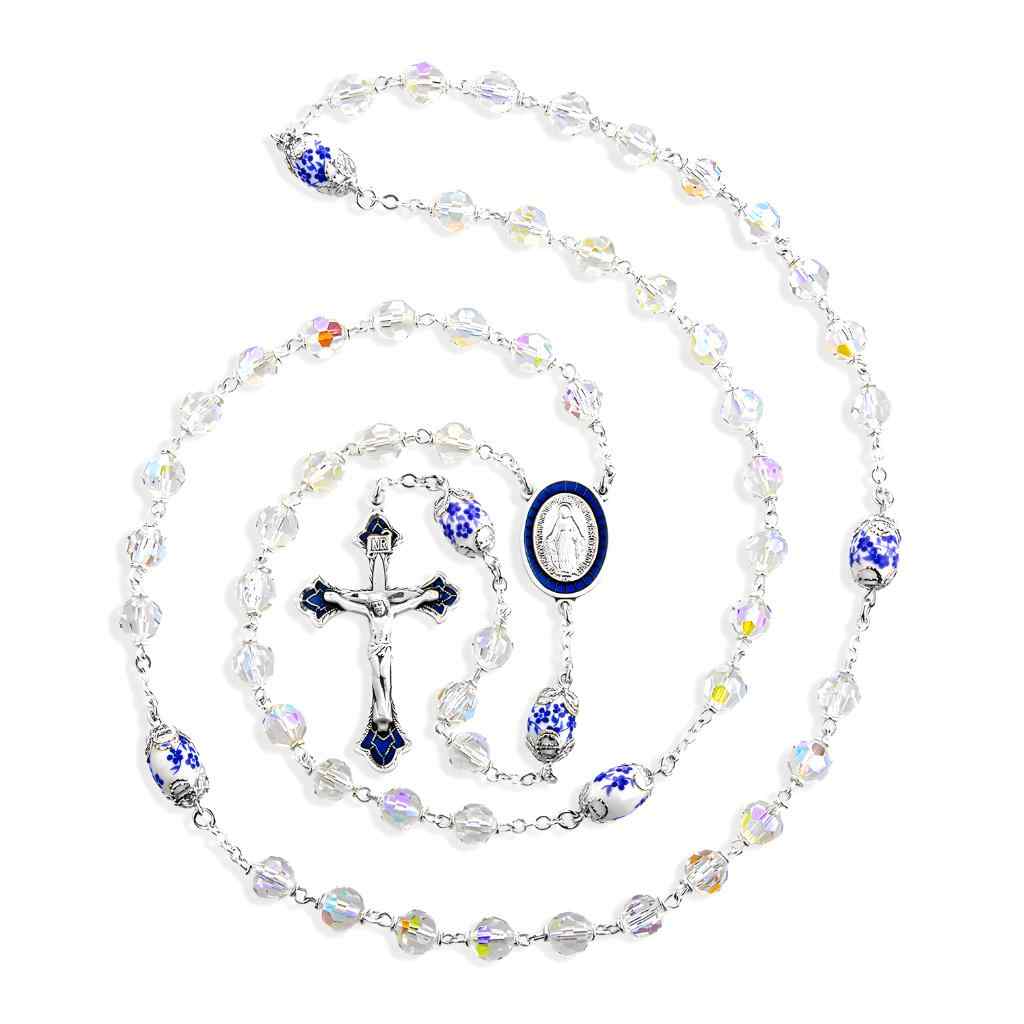 Miraculous blue and white porcelain & 7mm crystal aurora Czech crystal bead rosary with sterling silver center & crucifix and plated wire and chain (view 2)