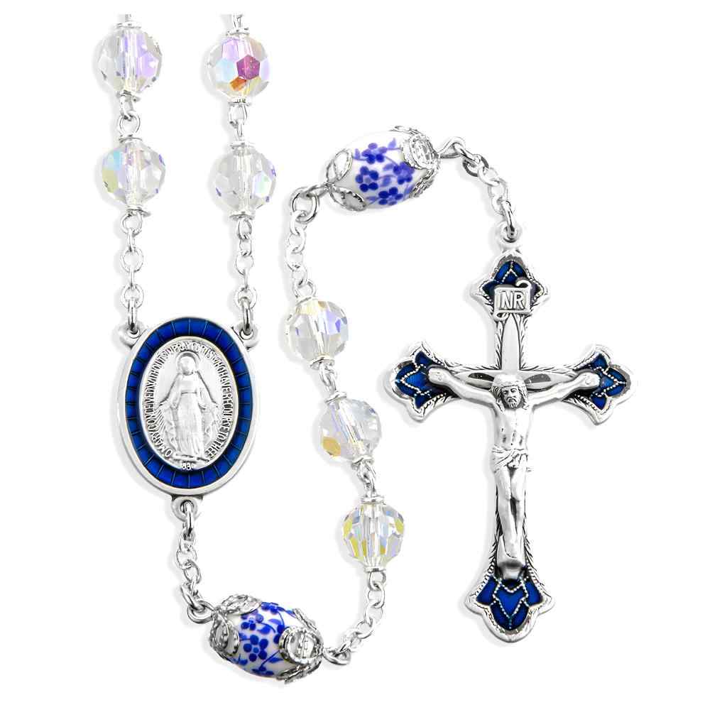 Miraculous blue and white porcelain & 7mm crystal aurora Czech crystal bead rosary with sterling silver center & crucifix and plated wire and chain (view 1)