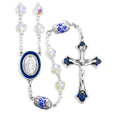 Miraculous blue and white porcelain & 7mm crystal aurora Czech crystal bead rosary with sterling silver center & crucifix and plated wire and chain (view 1)