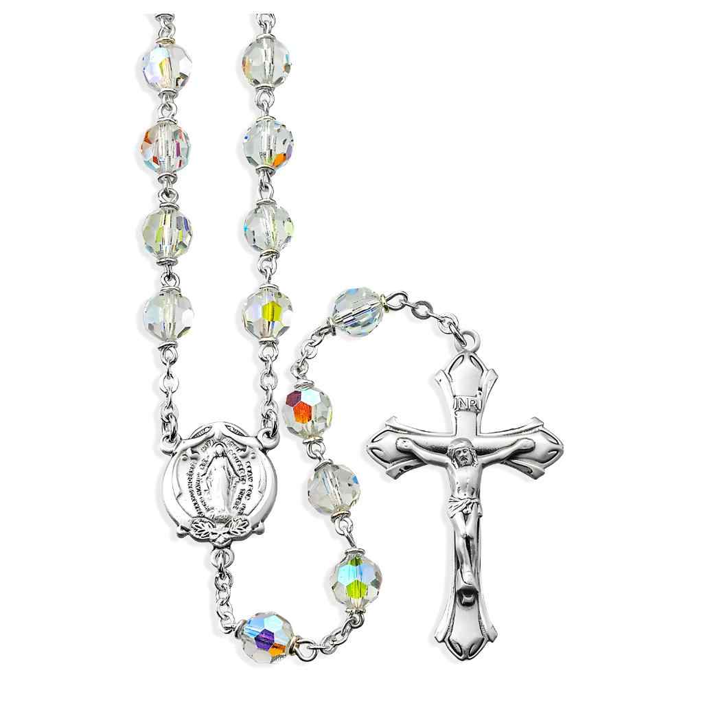 Miraculous Aurora Czech Crystal Bead Rosary. Sterling silver center & crucifix and plated wire and chain (view 1)