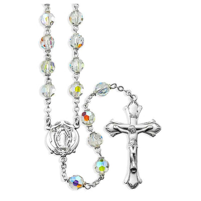 Miraculous Aurora Czech Crystal Bead Rosary. Sterling silver center & crucifix and plated wire and chain (view 1)