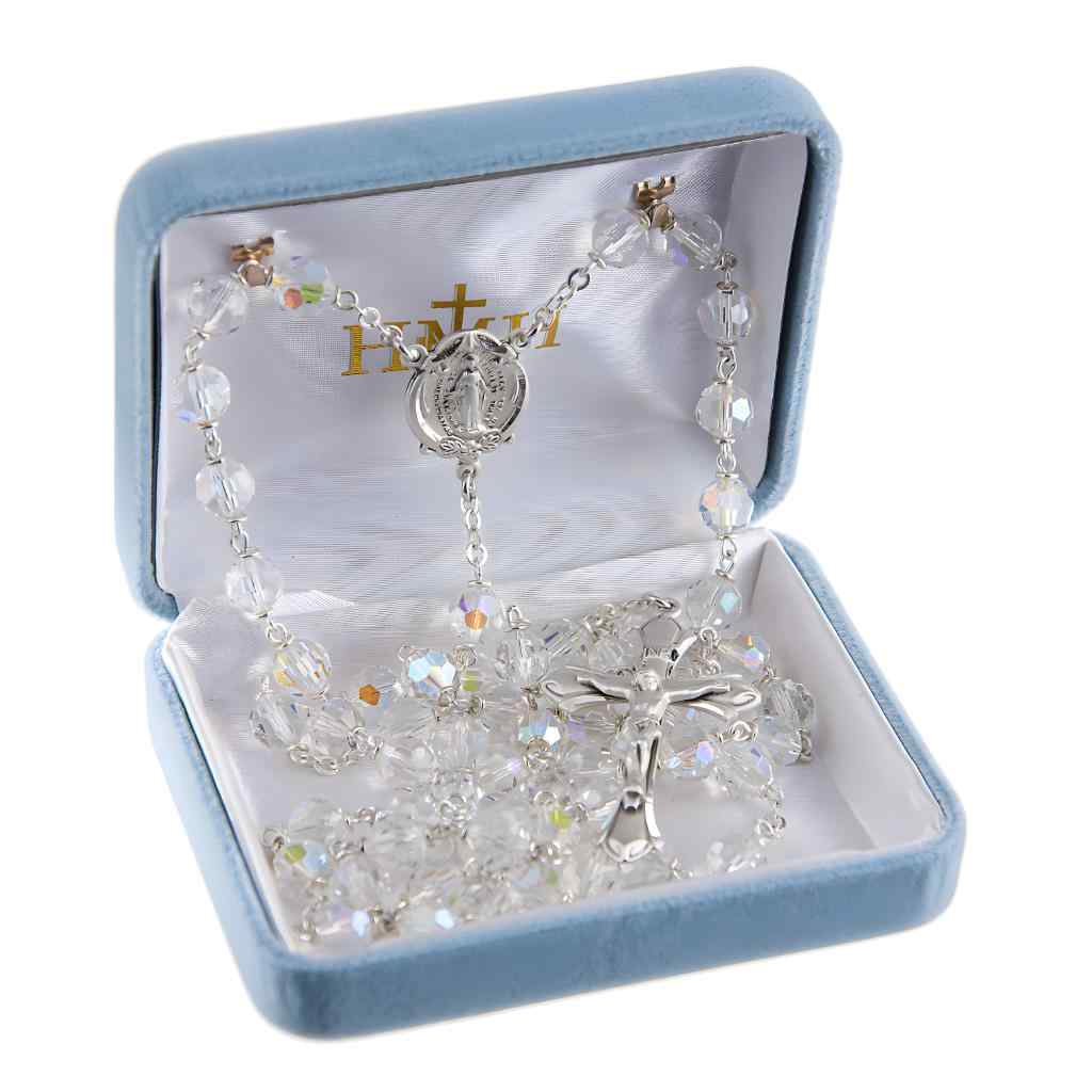 Miraculous Aurora Czech Crystal Bead Rosary. Sterling silver center & crucifix and plated wire and chain in gift box (view 3)
