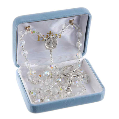 Miraculous Aurora Czech Crystal Bead Rosary. Sterling silver center & crucifix and plated wire and chain in gift box (view 3)