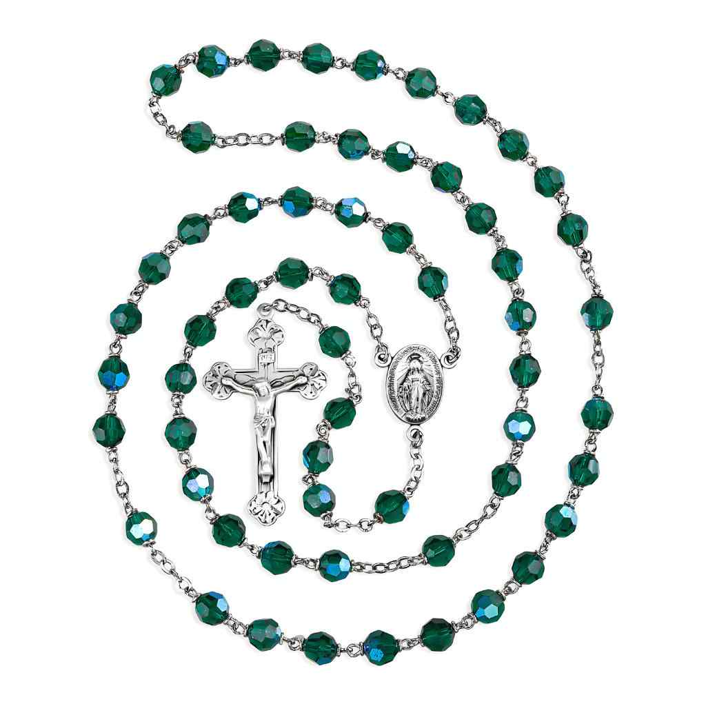 Miraculous 7mm Emerald Crystal Czech Aurora Bead Rosary with a sterling silver center & crucifix and plated wire and chain - Made in USA (view 2)