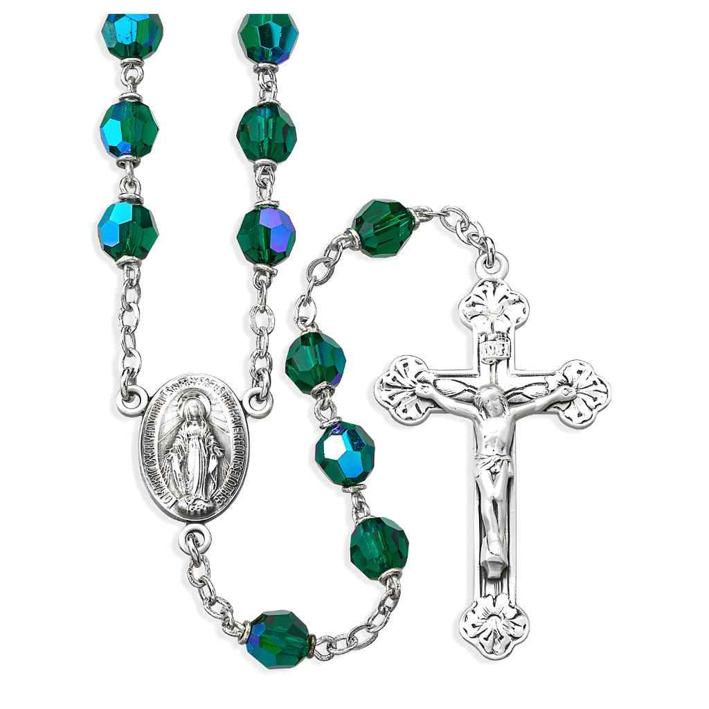 Miraculous 7mm Emerald Crystal Czech Aurora Bead Rosary with a sterling silver center & crucifix and plated wire and chain - Made in USA (view 1)