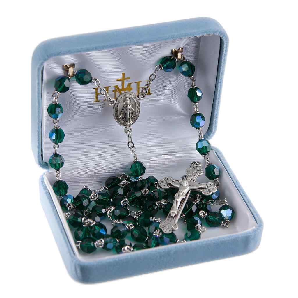 Miraculous 7mm Emerald Crystal Czech Aurora Bead Rosary with a sterling silver center & crucifix and plated wire and chain in gift box - Made in USA (view 3)