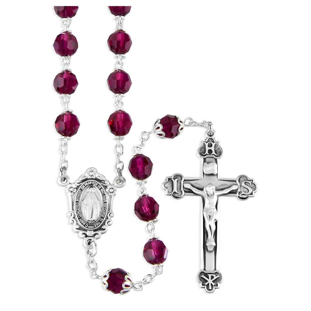 Fushia 7mm Crystal Czech Aurora Bead Sterling Silver Rosary with Miraculous medal center and IHS crucifix  in sterling silver