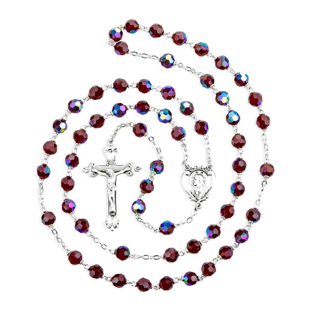 Sacred Heart of Jesus Garnet Czech Crystal Bead Rosary. Sterling silver center & crucifix and plated wire and chain (view 2)