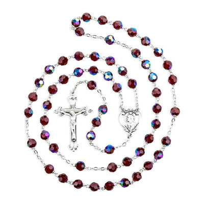 Sacred Heart of Jesus Garnet Czech Crystal Bead Rosary. Sterling silver center & crucifix and plated wire and chain (view 2)