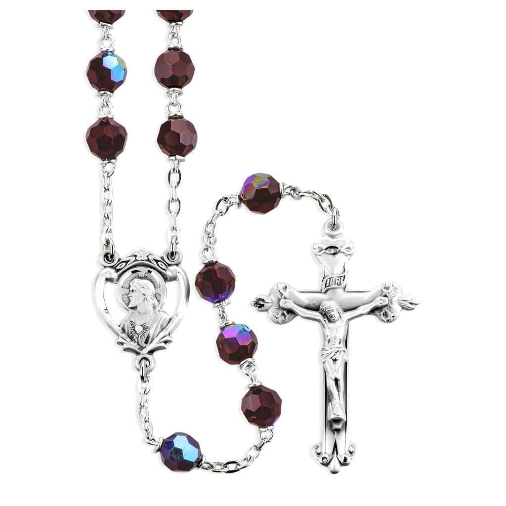 Sacred Heart of Jesus Garnet Czech Crystal Bead Rosary. Sterling silver center & crucifix and plated wire and chain (view 1)