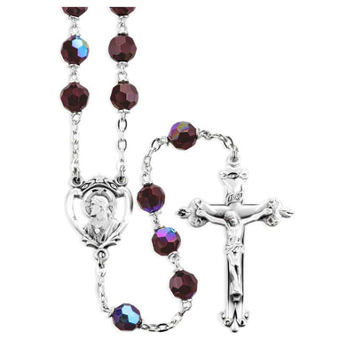 Sacred Heart of Jesus Garnet Czech Crystal Bead Rosary. Sterling silver center & crucifix and plated wire and chain (view 1)