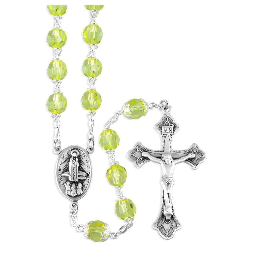 Our Lady of Fatima with the three children 7mm Aurora Czech Crystal Bead Rosary. Sterling silver center & flared crucifix and plated wire and chain
