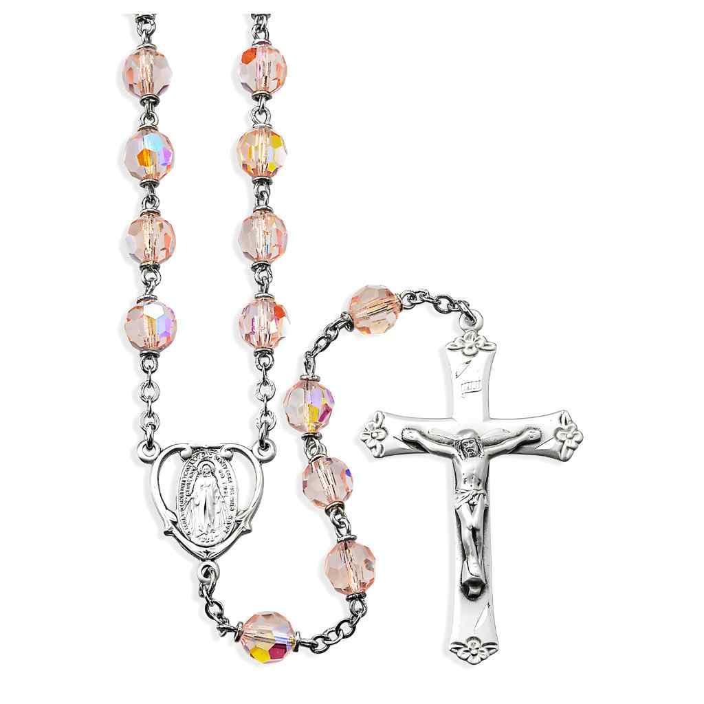 Light Rose 7mm Crystal Czech Aurora Bead Sterling Silver Rosary with Miraculous heart shape center and flower tip crucifix  in sterling silver