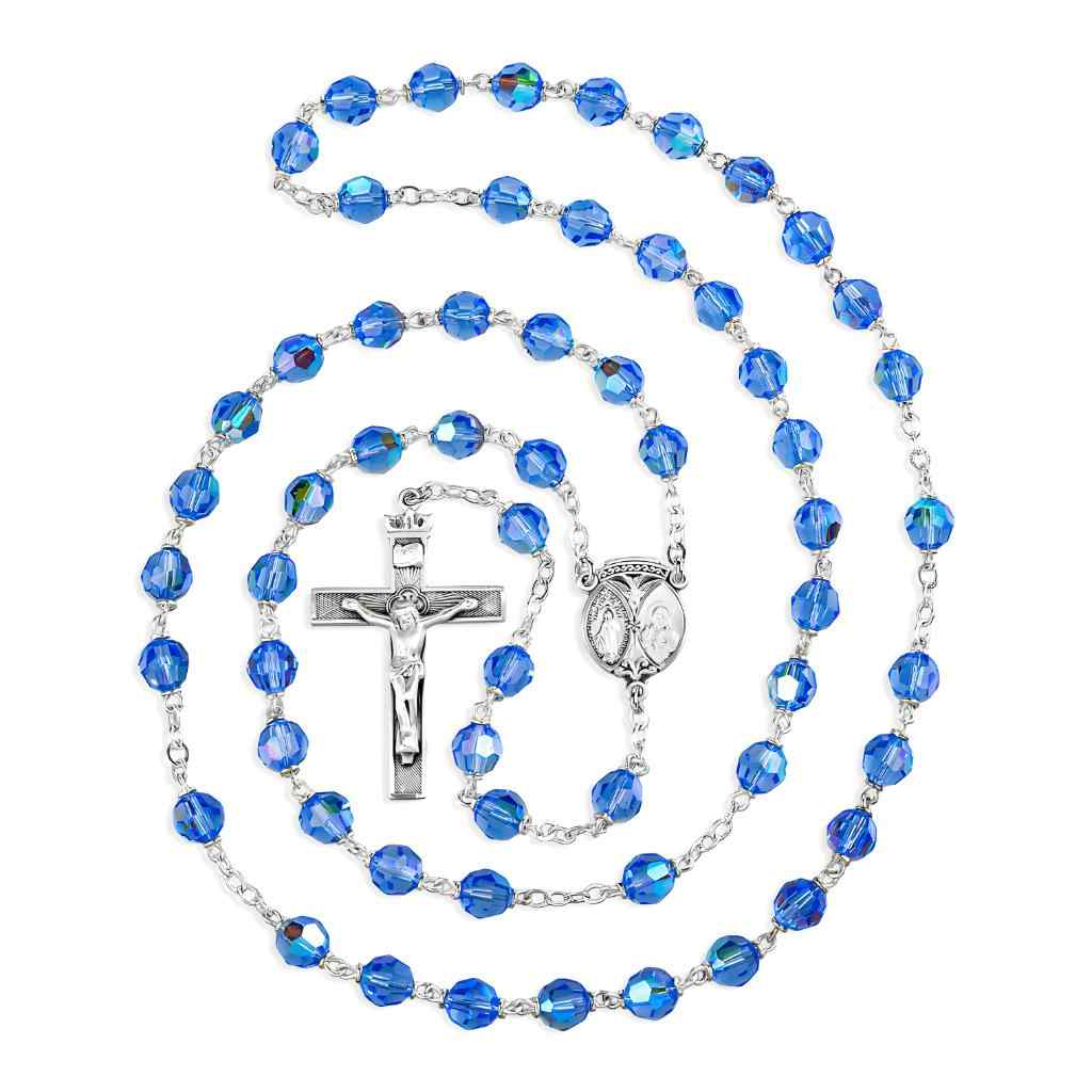 Fancy Sterling Silver Scapular Medal with 7mm Light Sapphire Crystal Czech Aurora Beads Rosary with Sterling Silver Crown Crucifix and plated chain and wire (view 2)