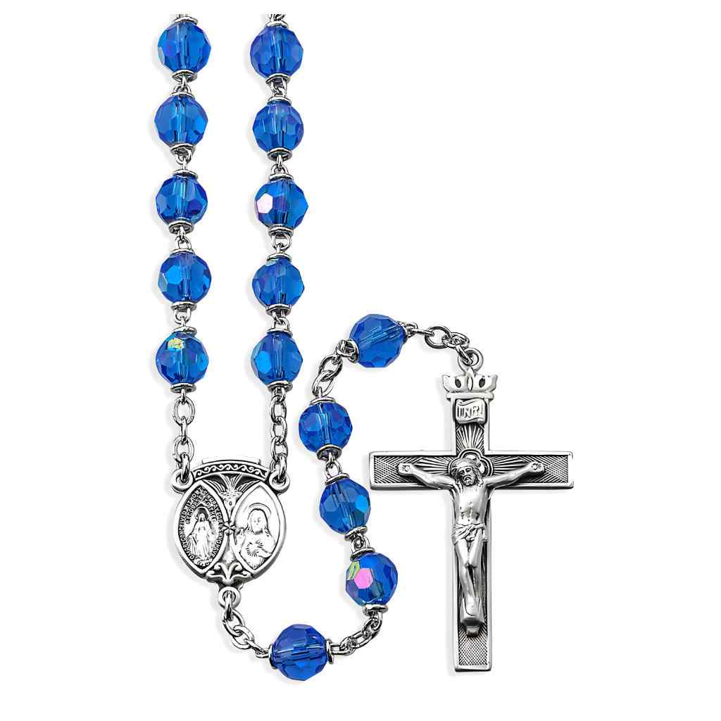 Fancy Sterling Silver Scapular Medal with 7mm Light Sapphire Crystal Czech Aurora Beads Rosary with Sterling Silver Crown Crucifix and plated chain and wire (view 1)