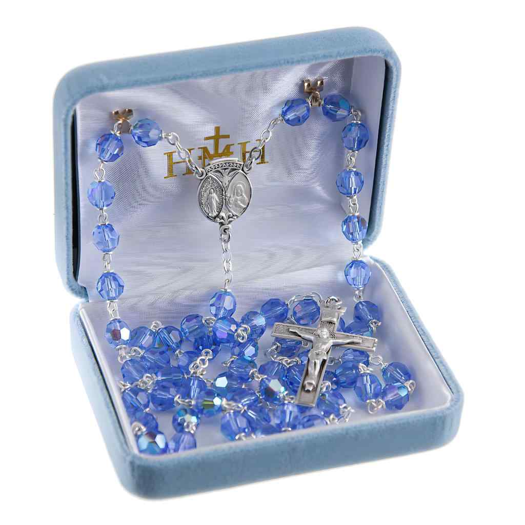 Fancy Sterling Silver Scapular Medal with 7mm Light Sapphire Crystal Czech Aurora Beads Rosary with Sterling Silver Crown Crucifix and plated chain and wire in gift box (view 2)