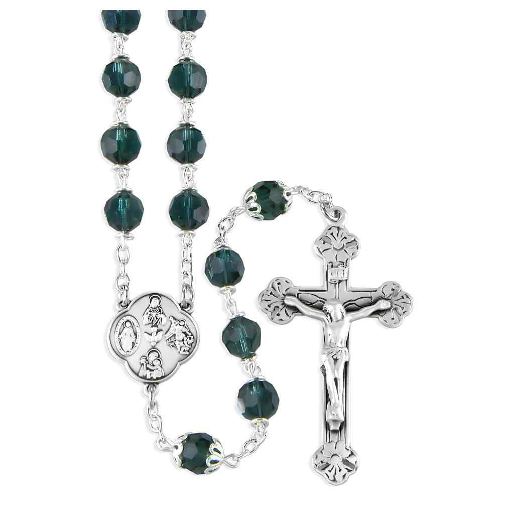 Midnight Blue 7mm Crystal Czech Aurora Bead Sterling Silver Rosary with Four Way Crosscenter and budded  tip crucifix  in sterling silver