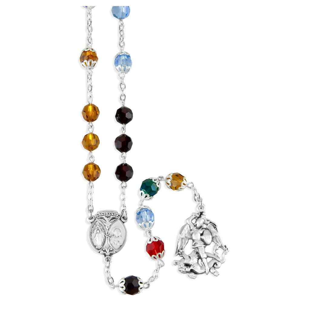 St. Michael Chaplet 7mm Mult-Color Crystal Bead Rosary. Sterling silver center & medal and plated wire and chain | Made in USA