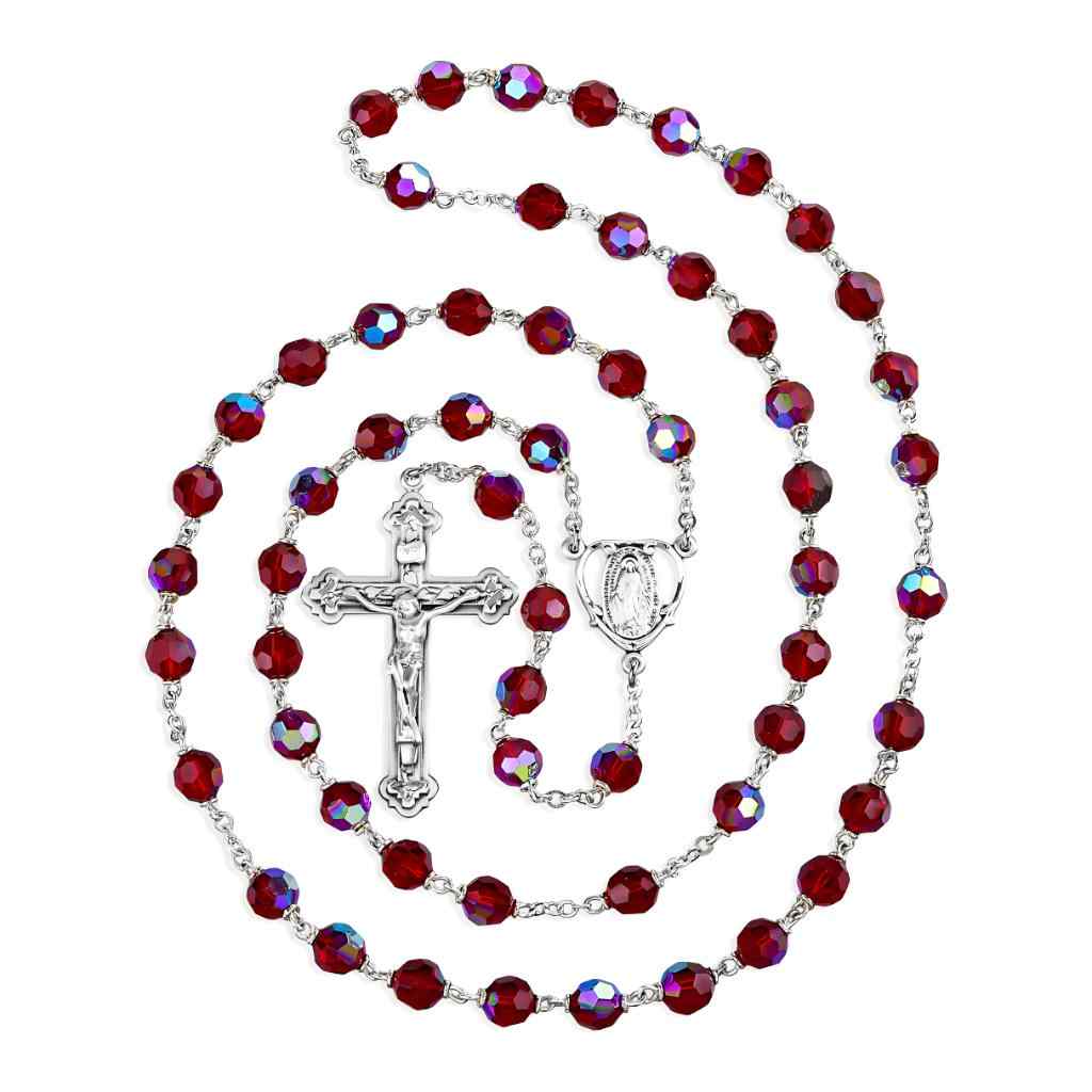 Miraculous Heart 7mm Ruby Czech Crystal Bead Full Rosary Sterling Silver Center & Crucifix (View 2)
