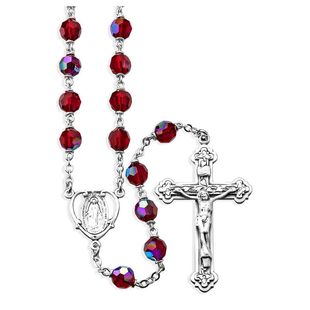 Miraculous Heart 7mm Ruby Czech Crystal Bead Rosary Sterling Silver Center & Crucifix (View 1)