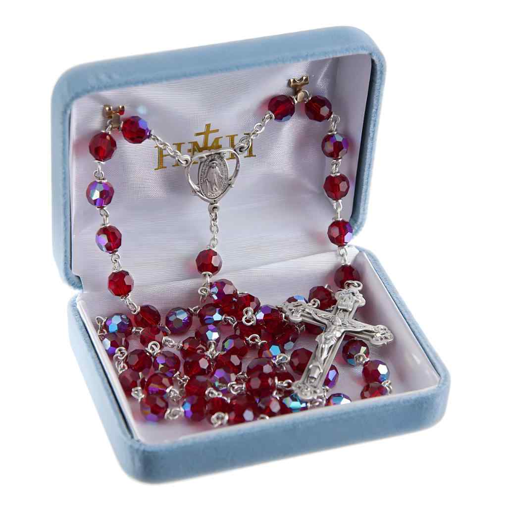 Miraculous Heart 7mm Ruby Czech Crystal Bead Rosary Sterling Silver Center & Crucifix in Gift Box (View 3)