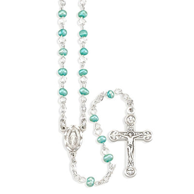 Children Miraculous Medal Sterling Silver Rosary featuring 4mm blue freshwater pearls. Sterling silver center and crucifix, 18-inches long, HMH Religious