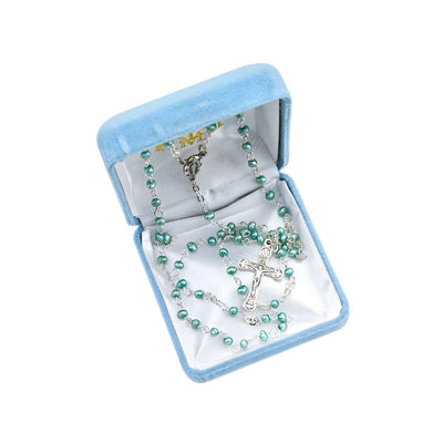 Children Miraculous Medal Sterling Silver Rosary featuring 4mm blue freshwater pearls. Sterling silver center and crucifix, 18-inches long. Gift Box, HMH Religious