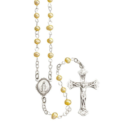 Children Miraculous Medal Sterling Silver Rosary featuring 4mm Gold freshwater pearls. Sterling silver center and crucifix, 18-inches long, HMH Religious