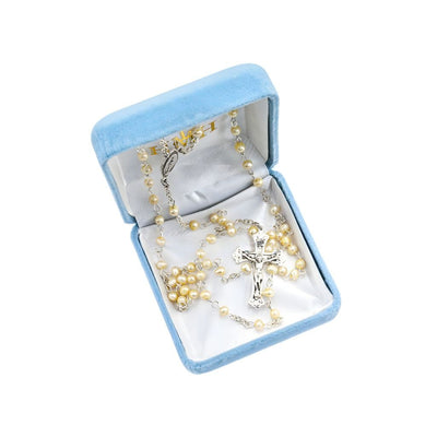 Children Miraculous Medal Sterling Silver Rosary featuring 4mm Gold freshwater pearls. Sterling silver center and crucifix, 18-inches long. In gift box, HMH Religious