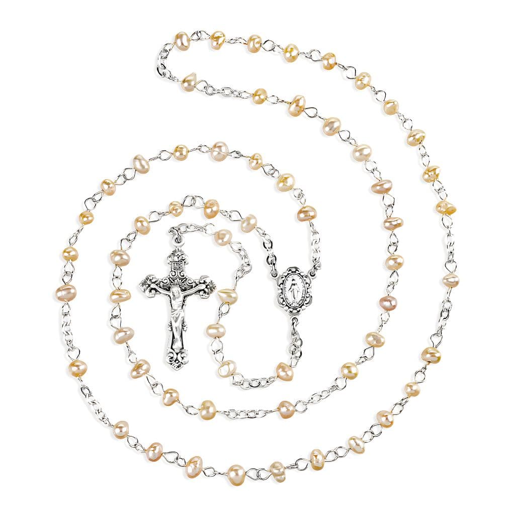 HMH Religious Children Miraculous Medal Sterling Silver Rosary featuring 4mm rose freshwater pearls. Sterling silver center and crucifix, 18-inches long.