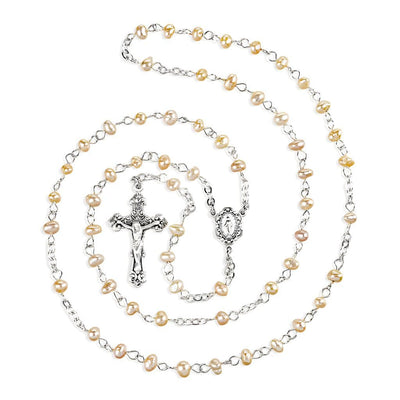 Children Miraculous Medal Sterling Silver Rosary featuring 4mm rose freshwater pearls. Sterling silver center and crucifix, 18-inches long, HMH Religious