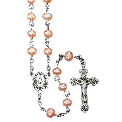 Children Miraculous Medal Sterling Silver Rosary featuring 4mm rose freshwater pearls. Sterling silver center and crucifix, HMH Religious