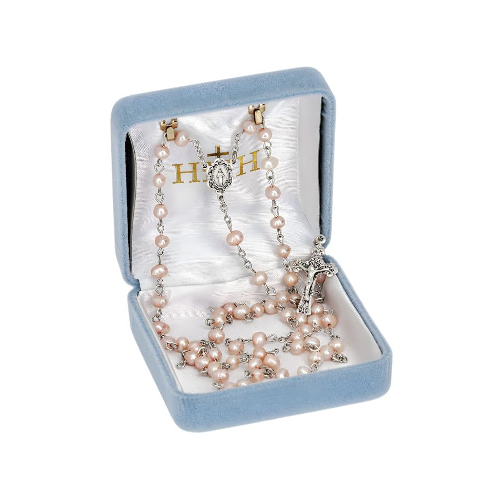 HMH Religious Children Miraculous Medal Sterling Silver Rosary featuring 4mm rose freshwater pearls. Sterling silver center and crucifix, 18-inches long. Gift Box included.