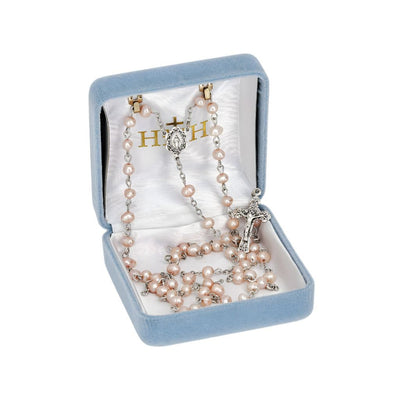 Children Miraculous Medal Sterling Silver Rosary featuring 4mm rose freshwater pearls. Sterling silver center and crucifix, 18-inches long. Gift Box included, HMH Religious