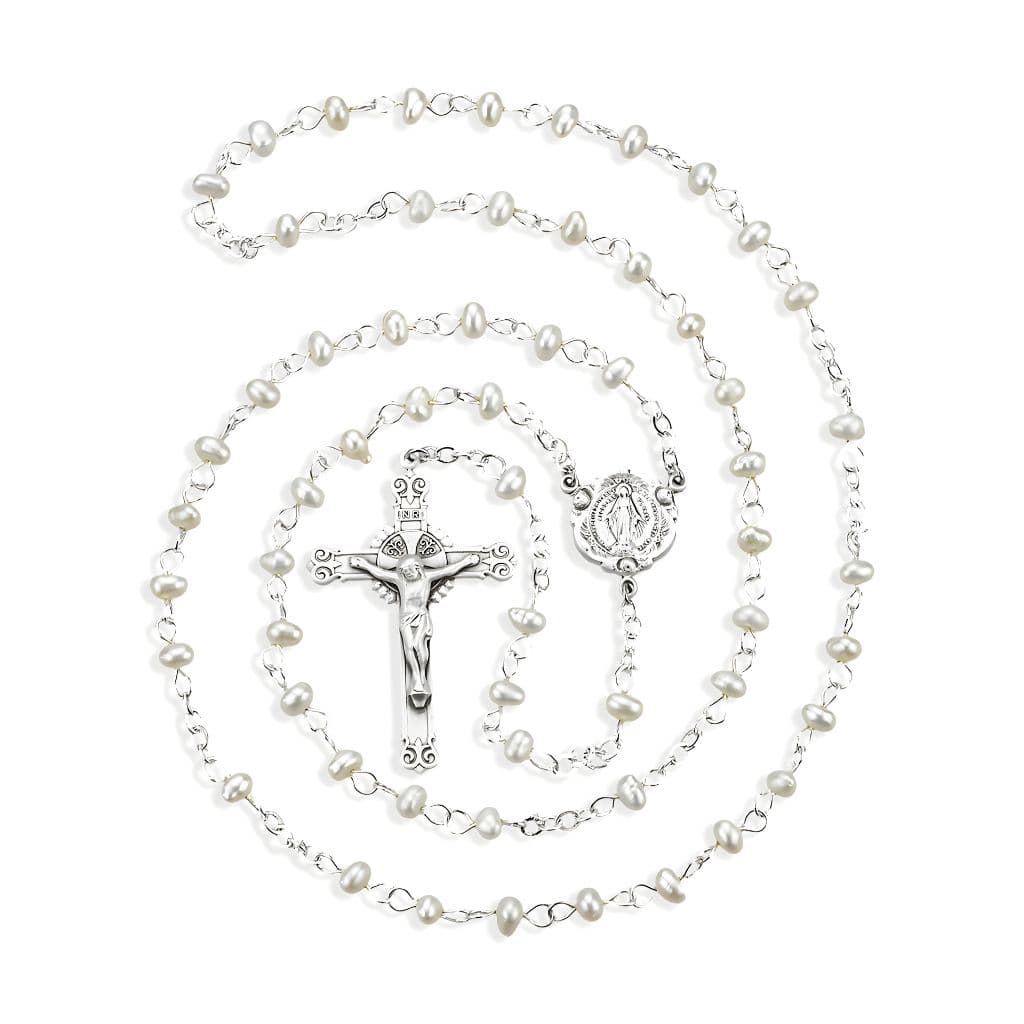 HMH Religious Children Miraculous Medal Sterling Silver Rosary featuring 4mm white freshwater pearls. Sterling silver center and crucifix, 18-inches long.