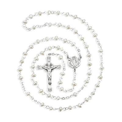 Children Miraculous Medal Sterling Silver Rosary featuring 4mm white freshwater pearls. Sterling silver center and crucifix, 18-inches long, HMH Religious