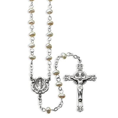 Children Miraculous Medal Sterling Silver Rosary featuring 4mm white freshwater pearls. Sterling silver center and crucifix, HMH Religious