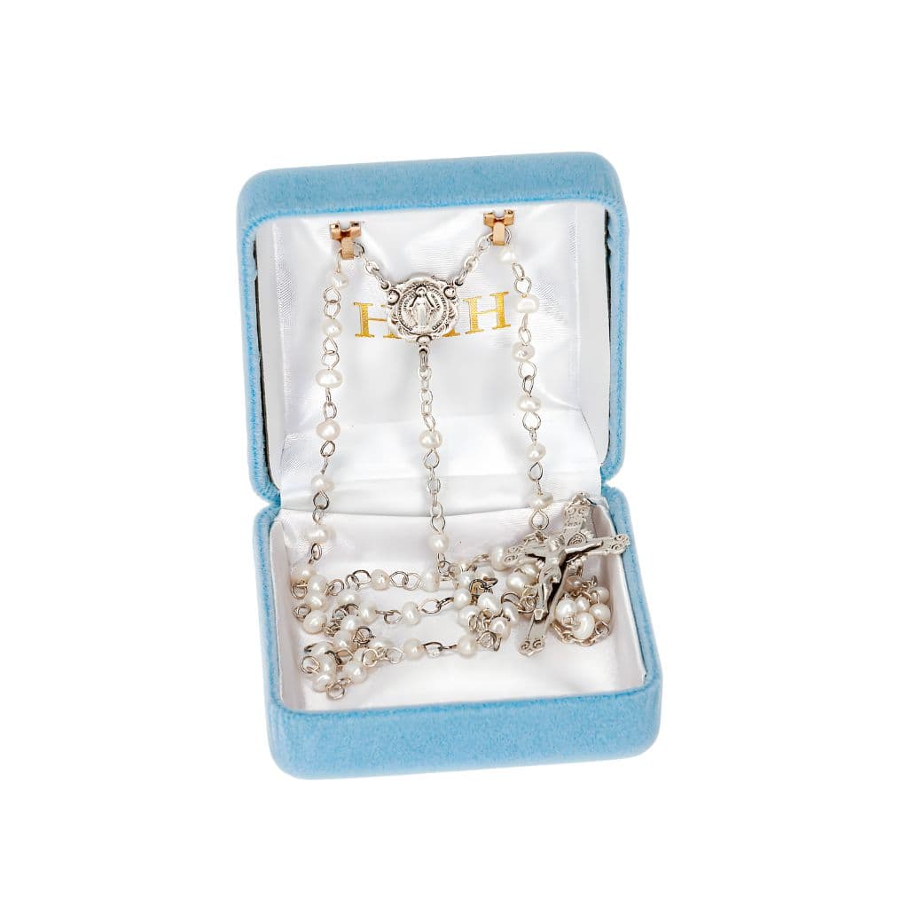 HMH Religious Children Miraculous Medal Sterling Silver Rosary featuring 4mm white freshwater pearls. Sterling silver center and crucifix, 18-inches long. Gift Box