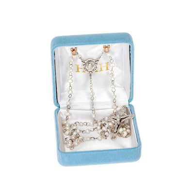 Children Miraculous Medal Sterling Silver Rosary featuring 4mm white freshwater pearls. Sterling silver center and crucifix, 18-inches long. Gift Box, HMH Religious