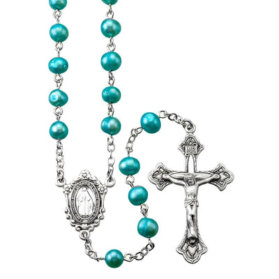 Miraculous Medal Sterling Silver Rosary featuring 6mm blue freshwater pearls. Sterling silver center and crucifix, 21-inches long, HMH Religious