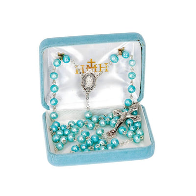 Miraculous Medal Sterling Silver Rosary featuring 6mm blue freshwater pearls. Sterling silver center and crucifix, 21-inches long and in gift box, HMH Religious