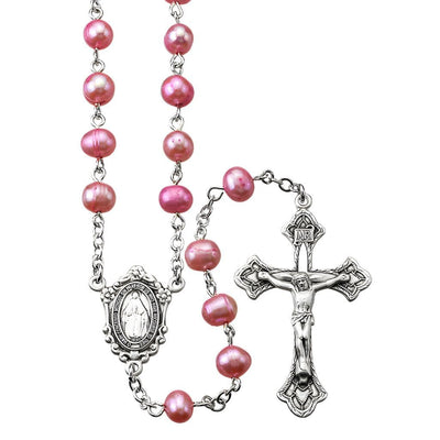 Miraculous Medal Sterling Silver Rosary featuring 6mm pink freshwater pearls. Sterling silver center and crucifix, 21-inches long, HMH Religious