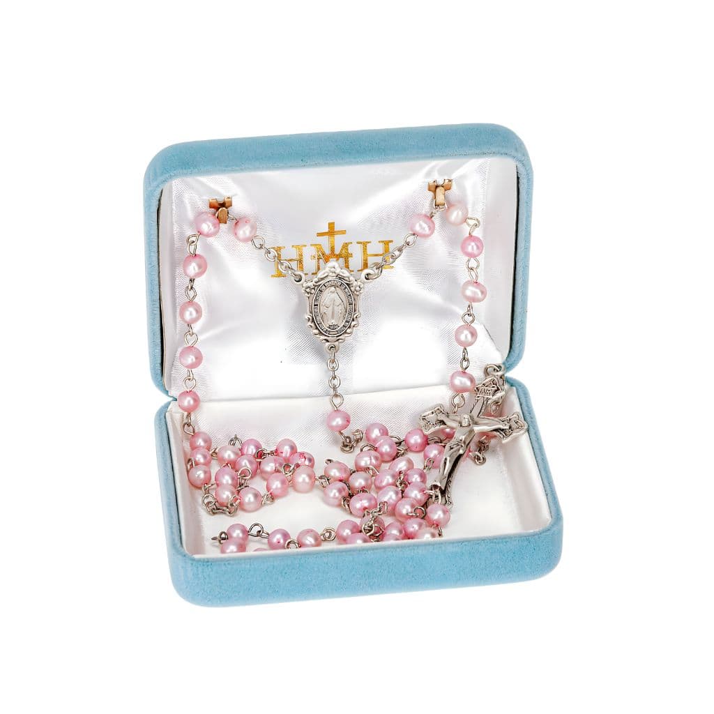 HMH Religious Miraculous Medal Sterling Silver Rosary featuring 6mm pink freshwater pearls. Sterling silver center and crucifix, comes in gift box and 21-inches long.