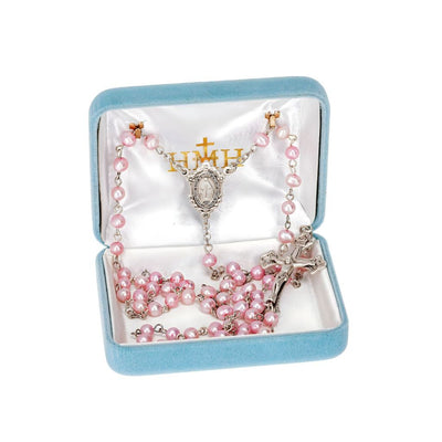 Miraculous Medal Sterling Silver Rosary featuring 6mm pink freshwater pearls. Sterling silver center and crucifix, comes in gift box and 21-inches long, HMH Religious