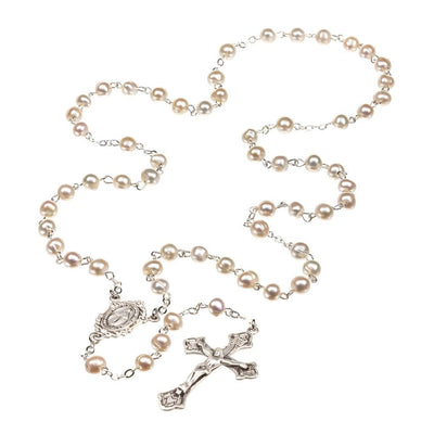 Miraculous Medal Sterling Silver Rosary featuring 6mm white freshwater pearls. Sterling silver center and crucifix, 21-inches long, HMH Religious