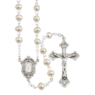 Miraculous Medal Sterling Silver Rosary featuring 6mm white freshwater pearls. Sterling silver center and crucifix, HMH Religious