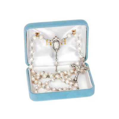 Miraculous Medal Sterling Silver Rosary featuring 6mm white freshwater pearls. Sterling silver center and crucifix, 21-inches long and in a Gift Box, HMH Religious