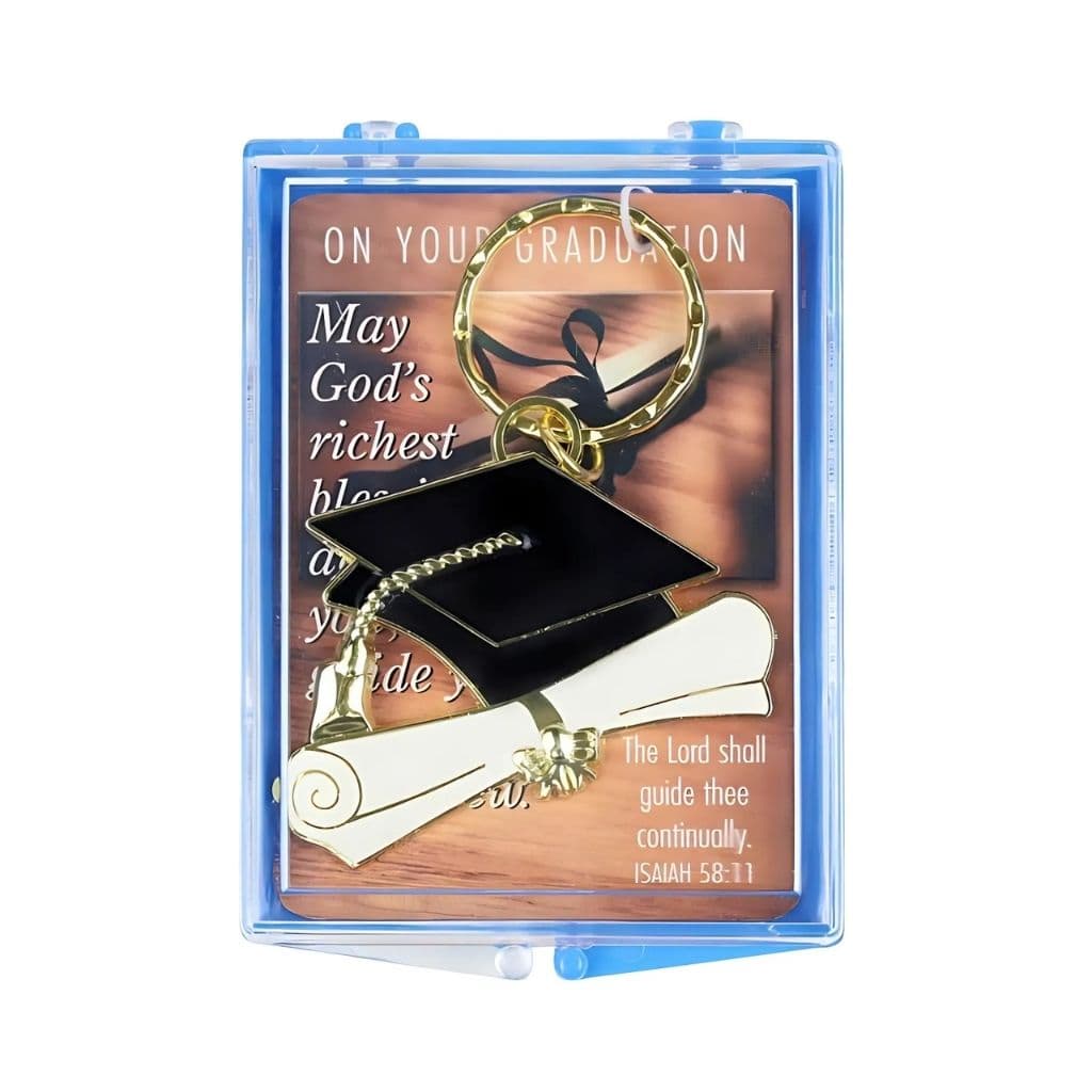 Graduation boxed set with prayer card and enameled keychain in blue case,
